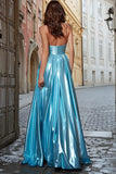Sparkly Light Blue Metallic Strapless Long Prom Dress with Slit Sparkly Light Blue Metallic Strapless Long Prom Dress with Slit