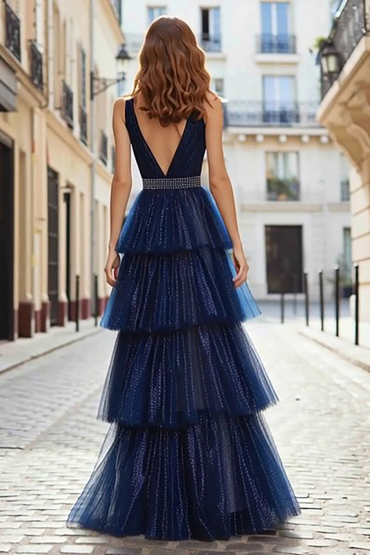 Sparkly Navy Tulle Beaded Ruffled Long Prom Dress