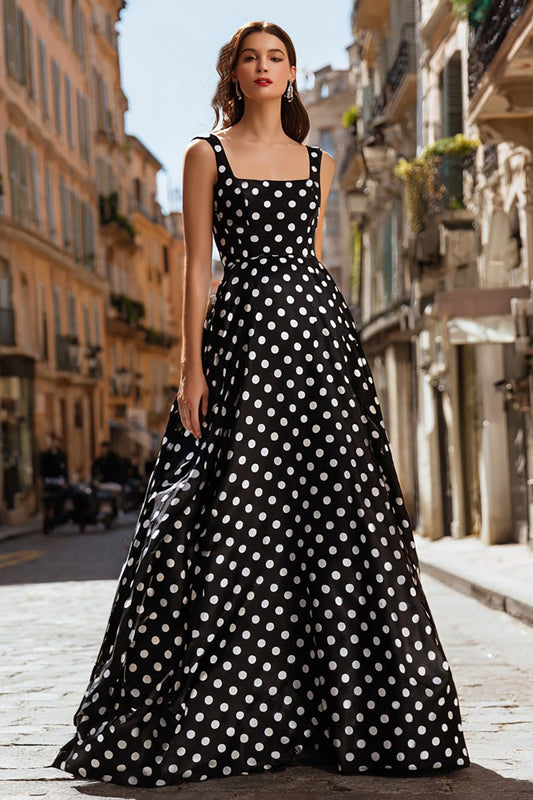 Black and White Polka Dots Satin Long Prom Dress