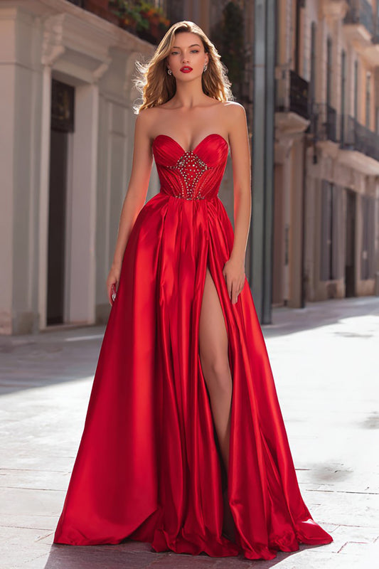 Sparkly Red Satin Beaded Strapless Long Prom Dress with Slit