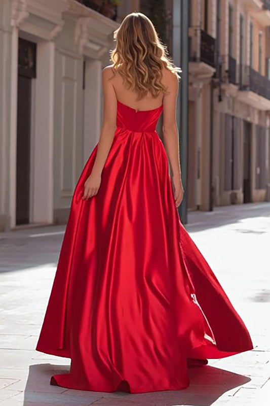 Sparkly Red Satin Beaded Strapless Long Prom Dress with Slit