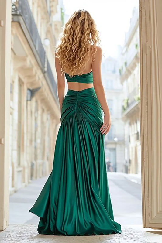 Dark Green Satin Cut Out Strapless Long Prom Dress with Slit