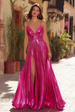 Sparkly Fuchsia Metallic Pleated Spaghetti Straps Long Prom Dress with Slit Sparkly Fuchsia Metallic Pleated Spaghetti Straps Long Prom Dress with Slit