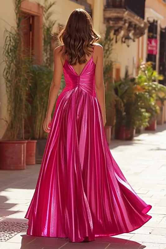Sparkly Fuchsia Metallic Pleated Spaghetti Straps Long Prom Dress with Slit