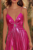 Sparkly Fuchsia Metallic Pleated Spaghetti Straps Long Prom Dress with Slit Sparkly Fuchsia Metallic Pleated Spaghetti Straps Long Prom Dress with Slit
