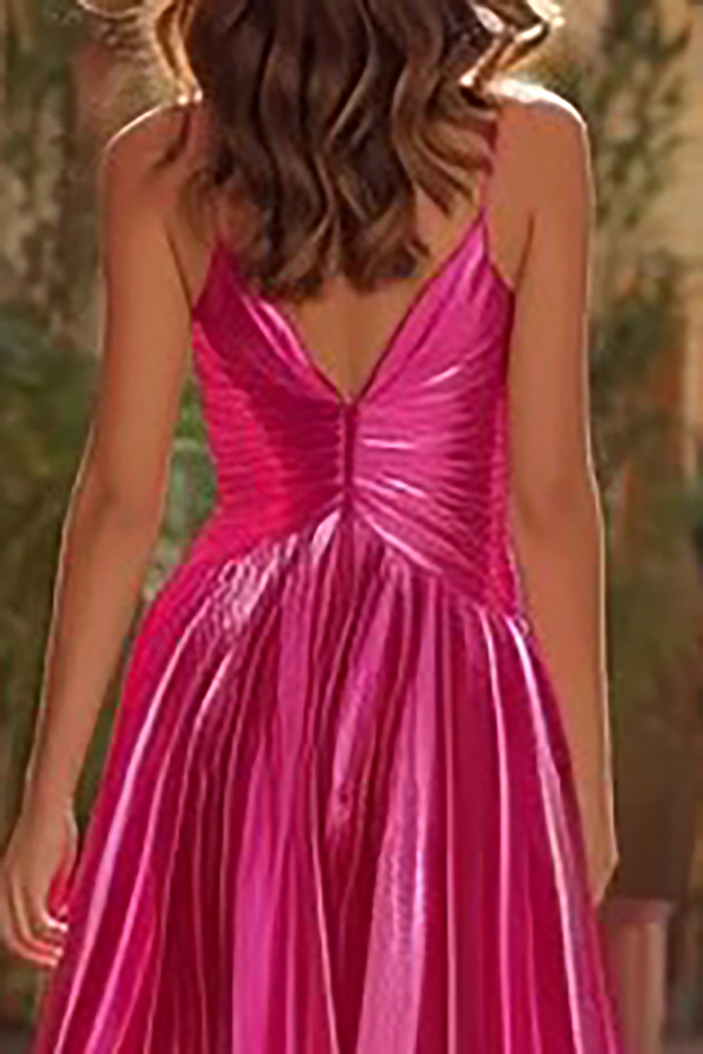 Sparkly Fuchsia Metallic Pleated Spaghetti Straps Long Prom Dress with Slit Sparkly Fuchsia Metallic Pleated Spaghetti Straps Long Prom Dress with Slit