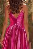 Sparkly Fuchsia Metallic Pleated Spaghetti Straps Long Prom Dress with Slit Sparkly Fuchsia Metallic Pleated Spaghetti Straps Long Prom Dress with Slit