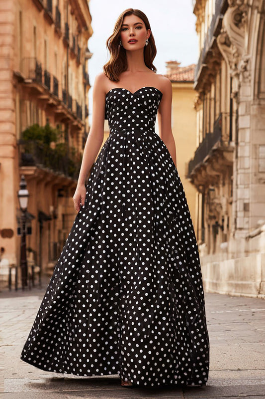Black and White Polka Dots Strapless A Line Long Prom Dress