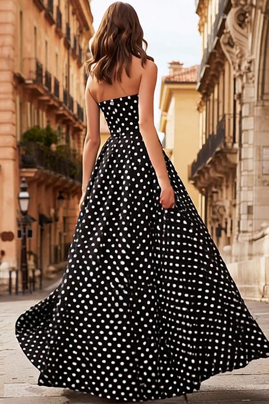 Black and White Polka Dots Strapless A Line Long Prom Dress