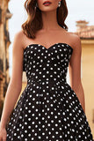Black and White Polka Dots Strapless A Line Long Prom Dress Black and White Polka Dots Strapless A Line Long Prom Dress
