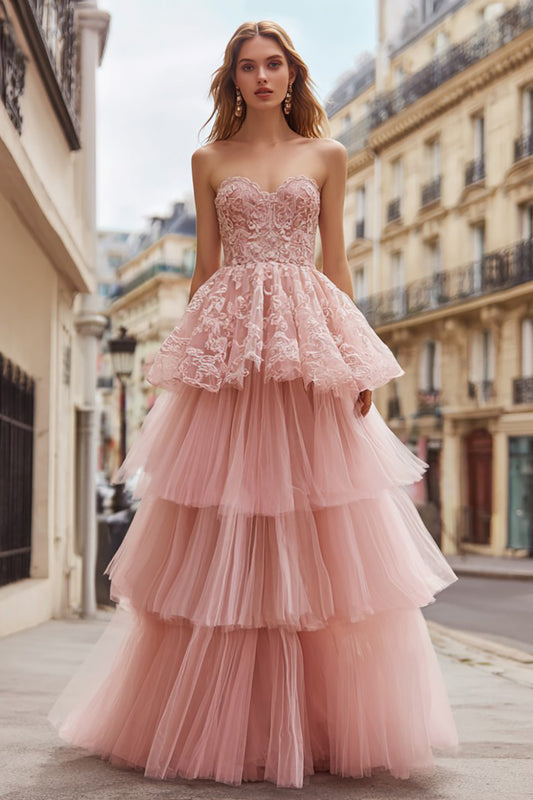 Pink Tulle Ruffled Strapless Long Prom Dress with Lace