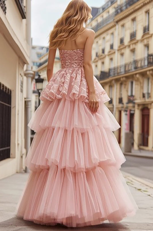 Pink Tulle Ruffled Strapless Long Prom Dress with Lace