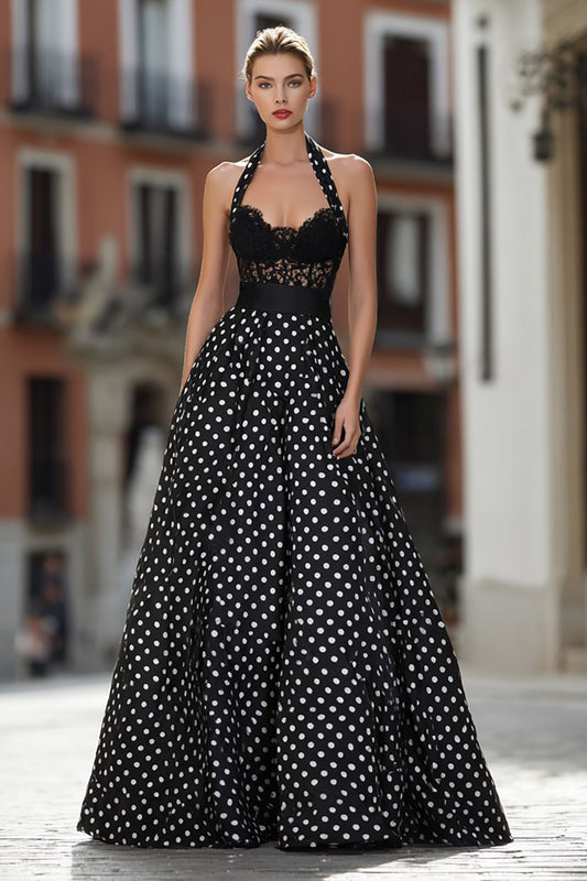 Black and White Polka Dots Halter Corset Long Prom Dress with Lace