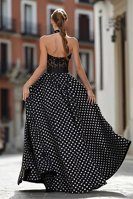 Black and White Polka Dots Halter Corset Long Prom Dress with Lace