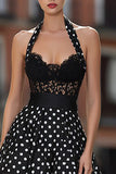 Black and White Polka Dots Halter Corset Long Prom Dress with Lace Black and White Polka Dots Halter Corset Long Prom Dress with Lace