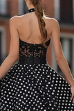 Black and White Polka Dots Halter Corset Long Prom Dress with Lace Black and White Polka Dots Halter Corset Long Prom Dress with Lace