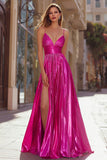 Sparkly Fuchsia Metallic Spaghetti Straps Pleated Long Prom Dress with Slit Sparkly Fuchsia Metallic Spaghetti Straps Pleated Long Prom Dress with Slit