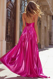 Sparkly Fuchsia Metallic Spaghetti Straps Pleated Long Prom Dress with Slit Sparkly Fuchsia Metallic Spaghetti Straps Pleated Long Prom Dress with Slit
