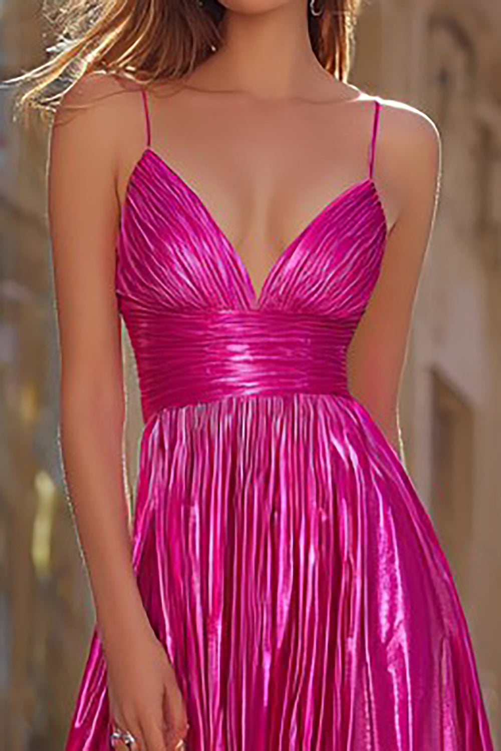 Sparkly Fuchsia Metallic Spaghetti Straps Pleated Long Prom Dress with Slit Sparkly Fuchsia Metallic Spaghetti Straps Pleated Long Prom Dress with Slit