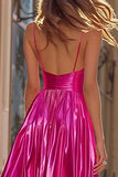 Sparkly Fuchsia Metallic Spaghetti Straps Pleated Long Prom Dress with Slit Sparkly Fuchsia Metallic Spaghetti Straps Pleated Long Prom Dress with Slit