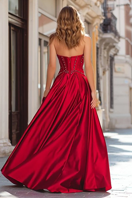 Sparkly Red Beaded Strapless Corset Long Prom Dress with Slit
