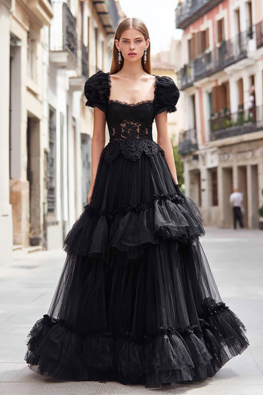 Black Tulle Ruffled A Line Long Prom Dress with Lace