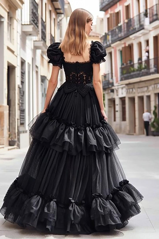 Black Tulle Ruffled A Line Long Prom Dress with Lace