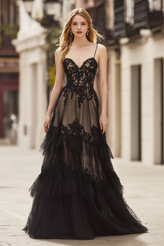 Black Lace Spaghetti Straps Corset Ruffled Long Prom Dress