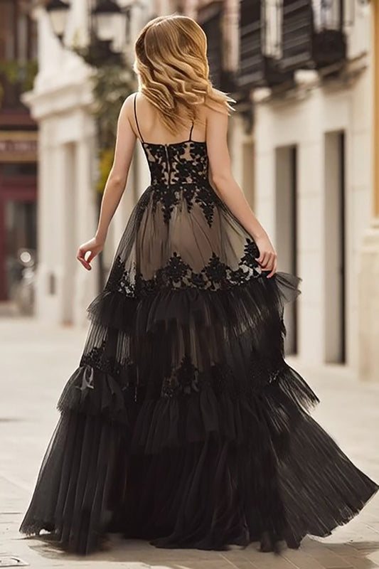 Black Lace Spaghetti Straps Corset Ruffled Long Prom Dress