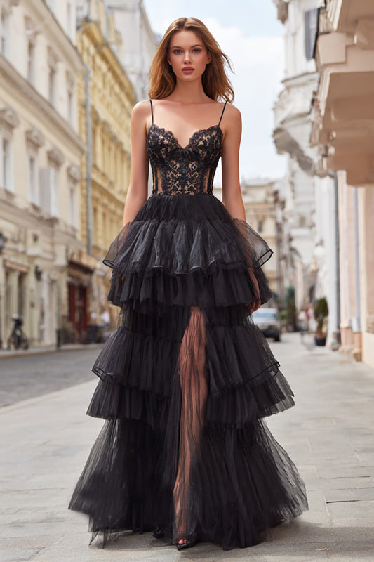 Black Tulle Tiered Corset Spaghetti Straps Long Prom Dress with Lace