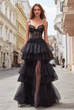 Black Tulle Tiered Corset Spaghetti Straps Long Prom Dress with Lace Black Tulle Tiered Corset Spaghetti Straps Long Prom Dress with Lace