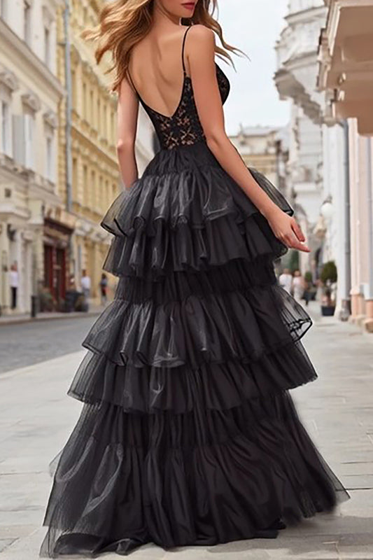 Black Tulle Tiered Corset Spaghetti Straps Long Prom Dress with Lace