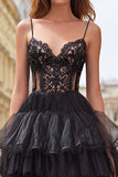 Black Tulle Tiered Corset Spaghetti Straps Long Prom Dress with Lace Black Tulle Tiered Corset Spaghetti Straps Long Prom Dress with Lace