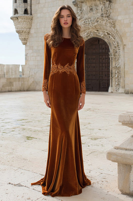 Caramel Velvet Appliqued Mermaid Long Holiday Party Dress