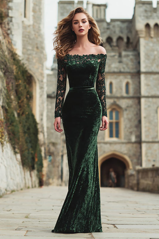 Dark Green Velvet Long Sleeves Holiday Party Dress with Lace Mermaid Off the Shoulder Ruched Evening Dress