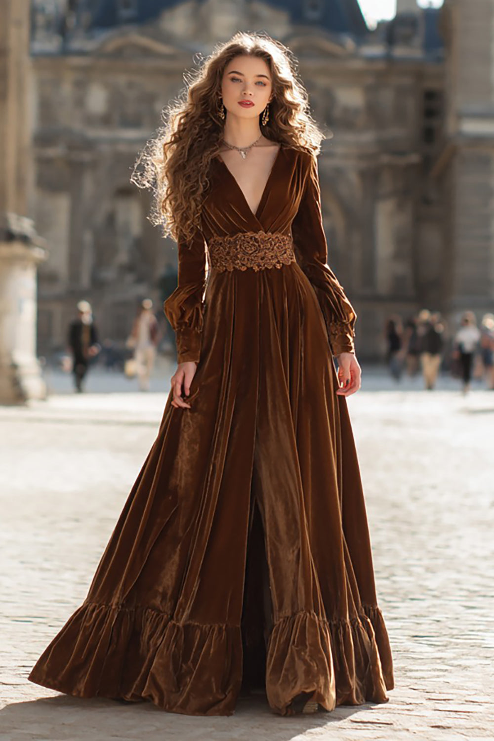 Brown Velvet A Line V-Neck Long Sleeves Formal Dress with Ruffles Brown Velvet A Line V-Neck Long Sleeves Formal Dress with Ruffles