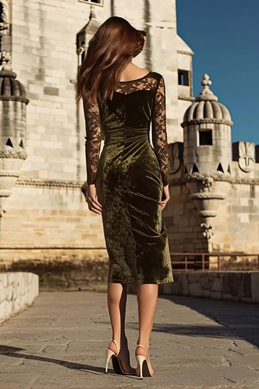 Olive Velvet Mermaid Midi Holiday Party Dress with Lace