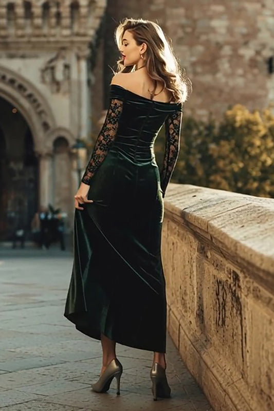 Dark Green Mermaid Velvet Off the Shoulder Long Holiday Party Dress