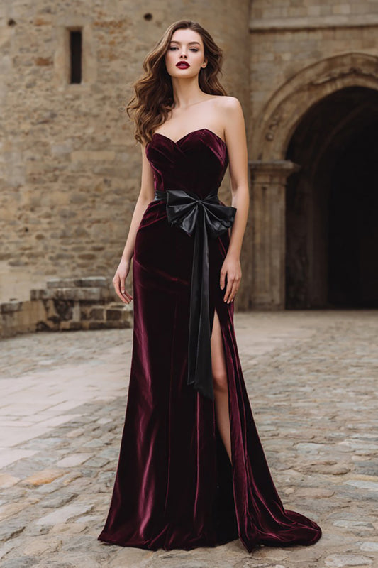 Burgundy Velvet Strapless Mermaid Long Holiday Party Dress with Bow