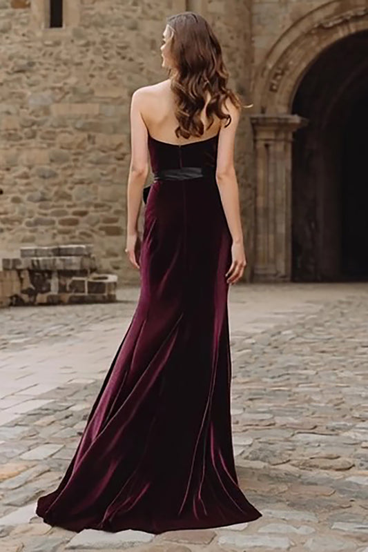 Burgundy Velvet Strapless Mermaid Long Holiday Party Dress with Bow