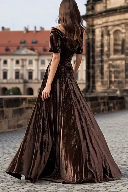 Brown A Line Long Velvet Holiday Party Dress