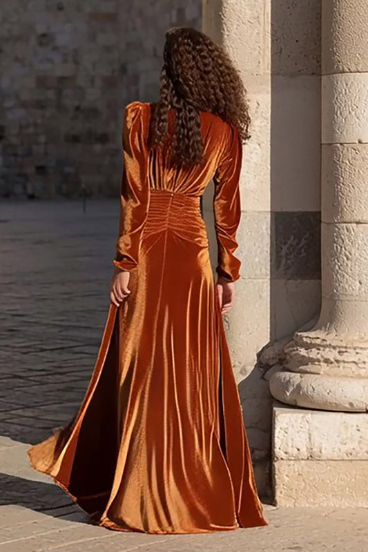 Caramel Velvet V Neck Long Holiday Party Dress with Slit
