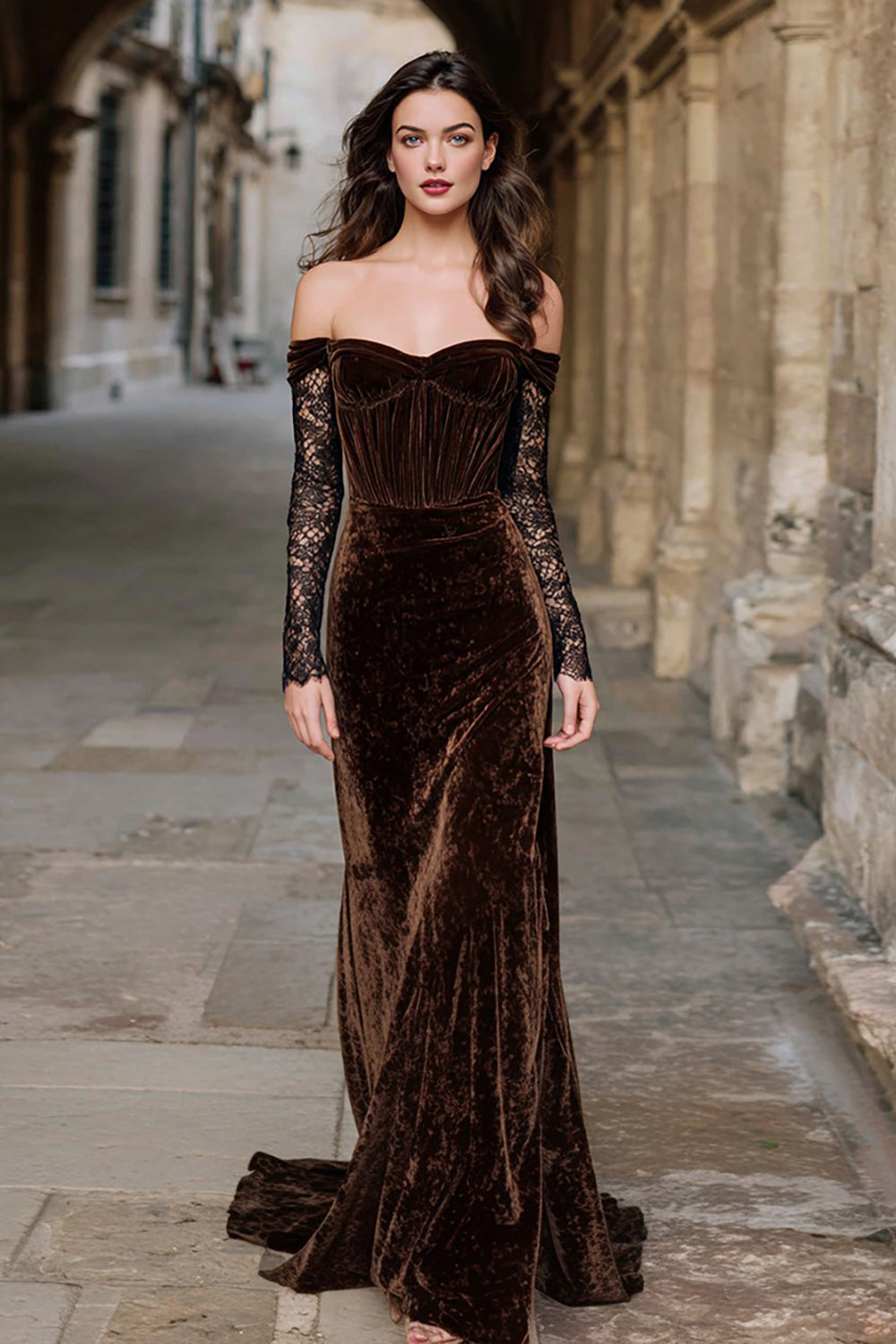 Zapakasa Women Brown Velvet Mermaid Corset Long Holiday Party Dress with Sleeves Off the Shoulder Ruched Evening Dress with Lace Zapakasa Women Brown Velvet Mermaid Corset Long Holiday Party Dress with Sleeves Off the Shoulder Ruched Evening Dress with Lace