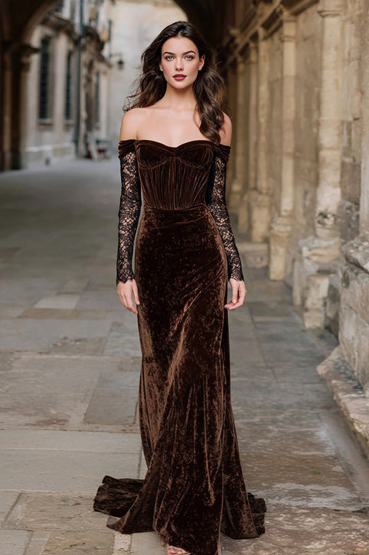 Brown Velvet Mermaid Corset Long Holiday Party Dress