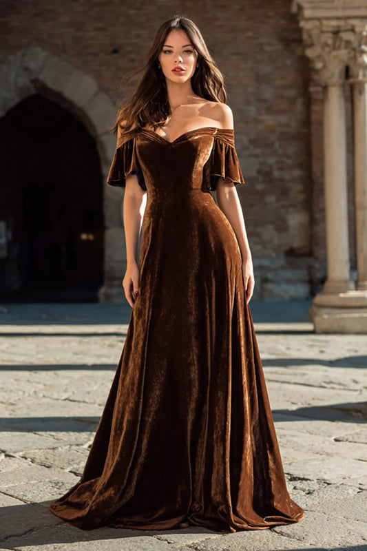 Brown Velvet Ruffled A Line Long Holiday Party Dress
