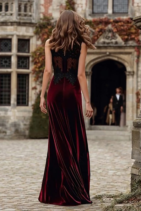 Burgundy Velvet Round Neck Mermaid Long Holiday Party Dress with Lace