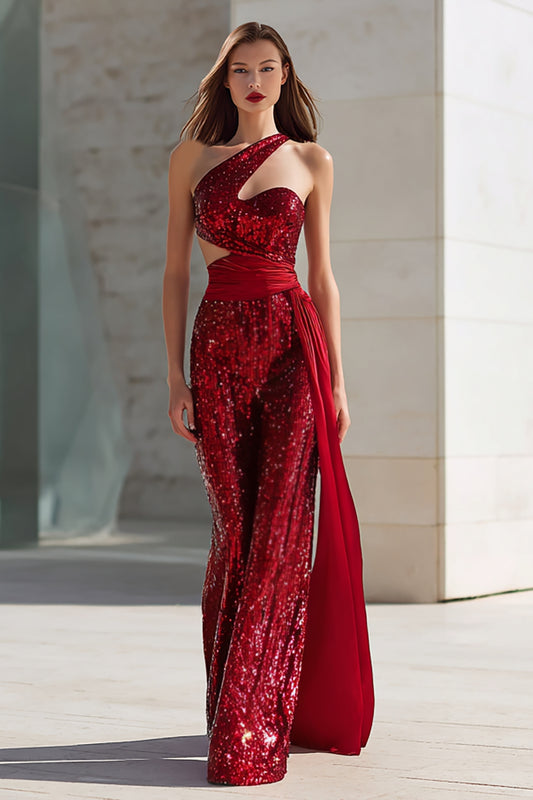 Sparkly Red Cut Out Mermaid Long Prom Dress with Side Cape