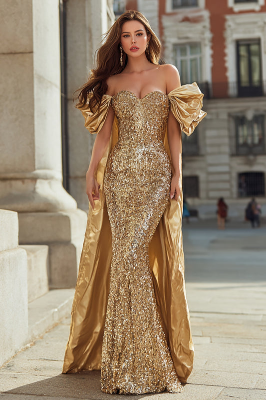 Sparkly Gold Sequin Off the Shoulder Mermaid Long Prom Dress with Cape