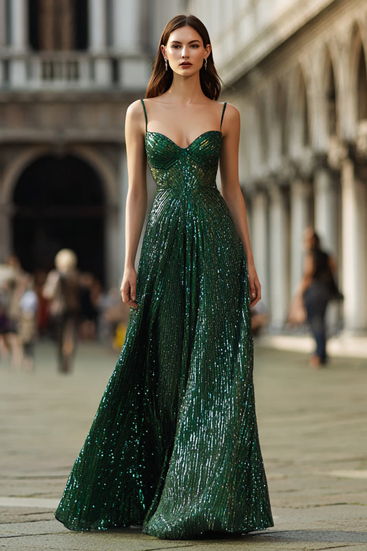 Sparkly Dark Green Spaghetti Straps Long Prom Dress