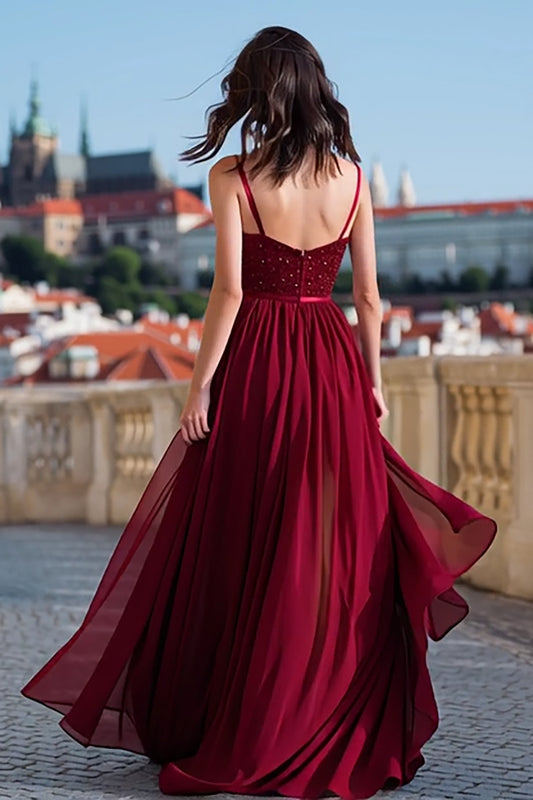 Sparkly Burgundy Sequin Spaghetti Straps Long Prom Dress